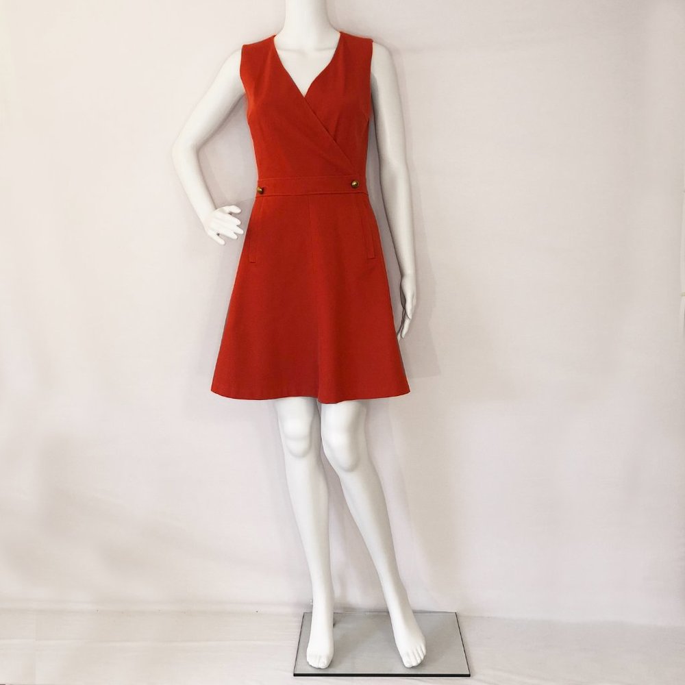 Tory Burch Solid Red Dress Golden Logo Button Trim